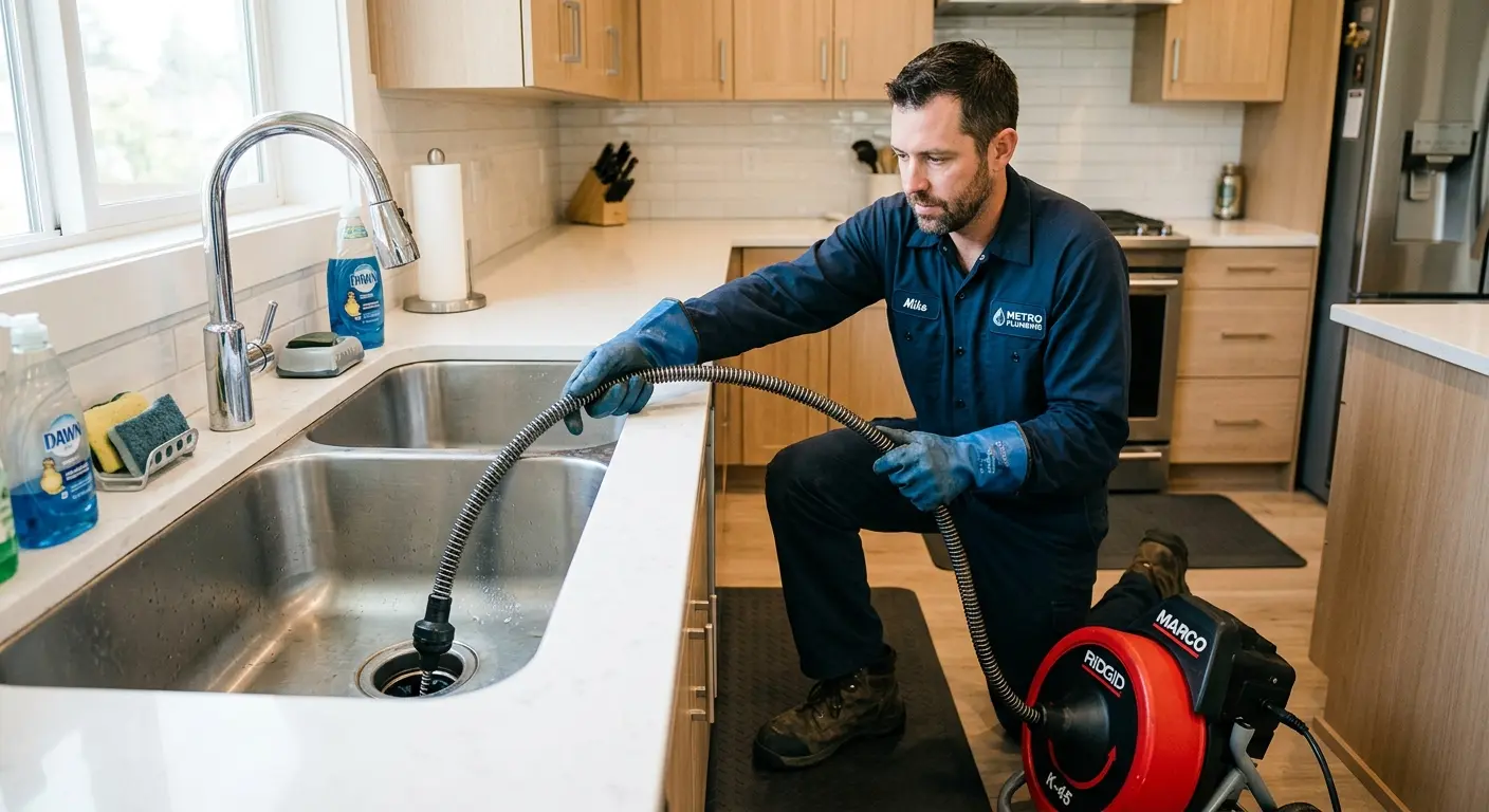 Drain cleaning technician using a motorized snake on a kitchen sink in San Jose