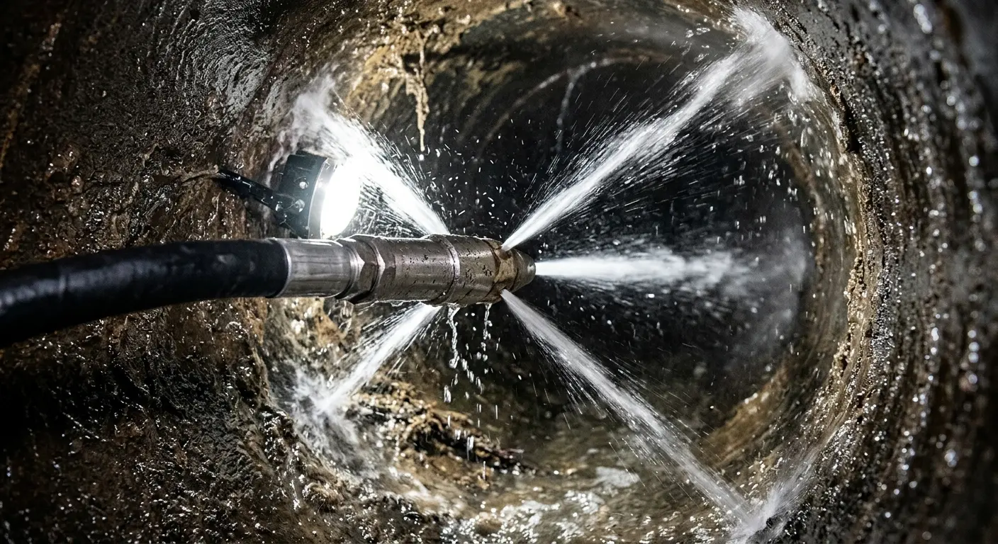 High-pressure hydro jetting nozzle cleaning sewer pipe for Sewer Cleanout in San Jose
