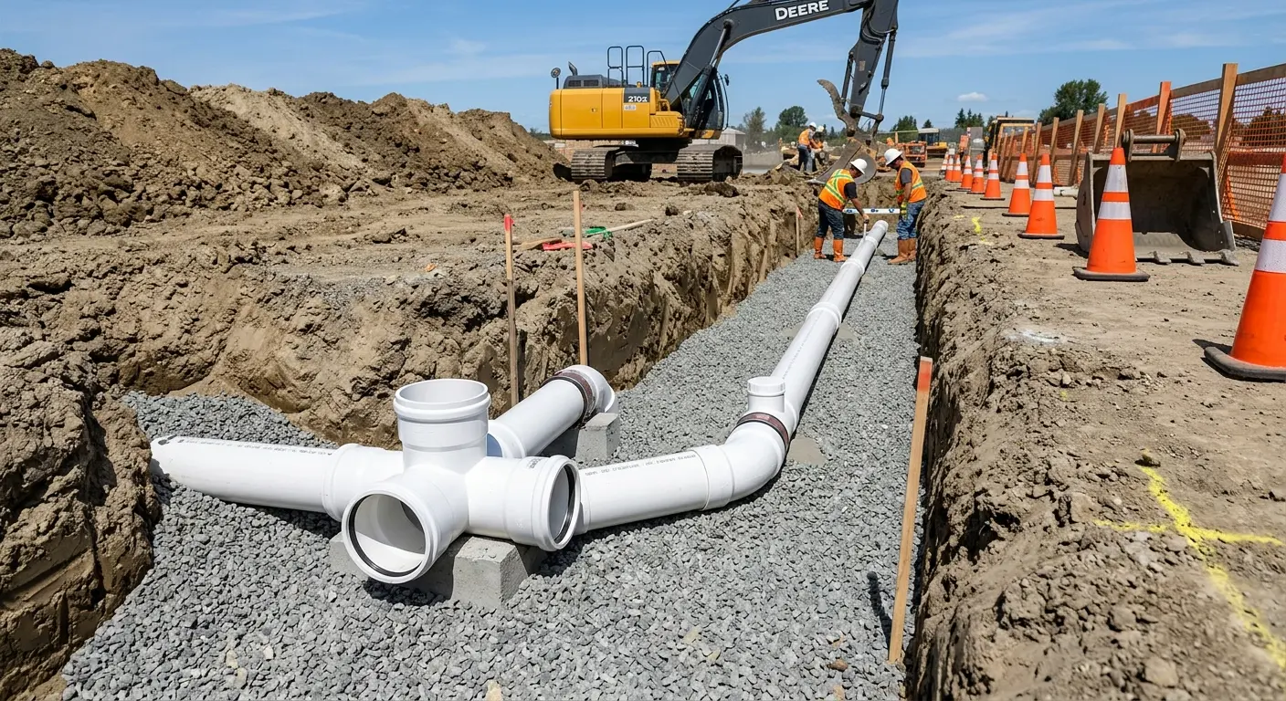 New PVC sewer pipe installation in open trench for Sewer Backup in San Jose