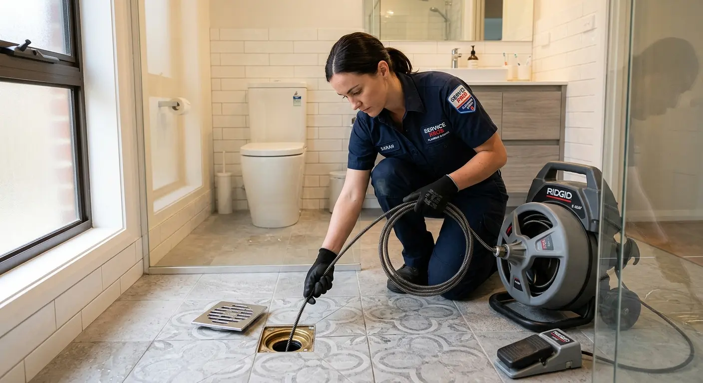 Technician clearing a bathroom floor drain for Drain Cleaning in San Jose